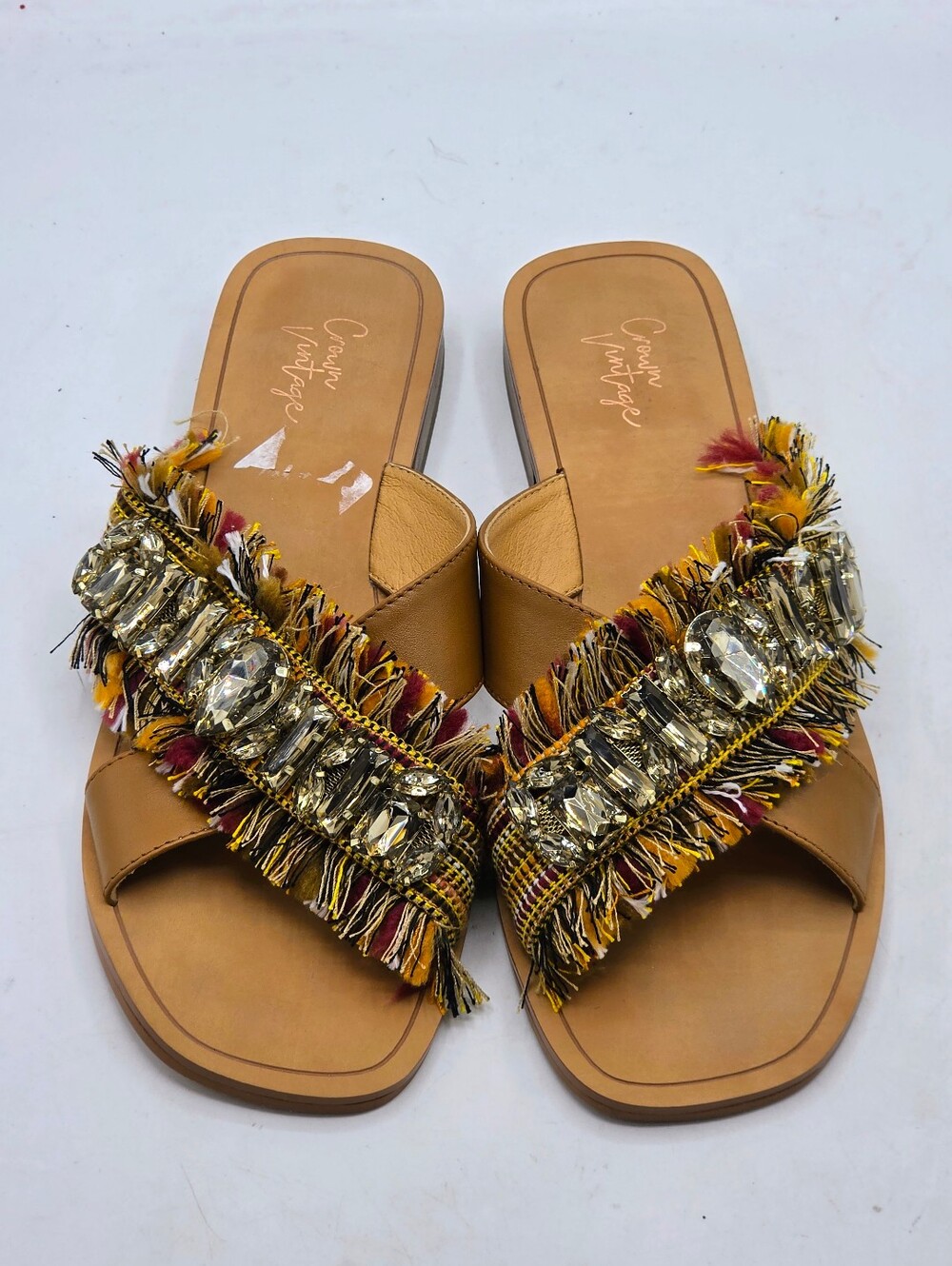 Crown Vintage Somaya Embellished Fringe Flat Sandals Tan Brown 9M - Picture 3 of 16